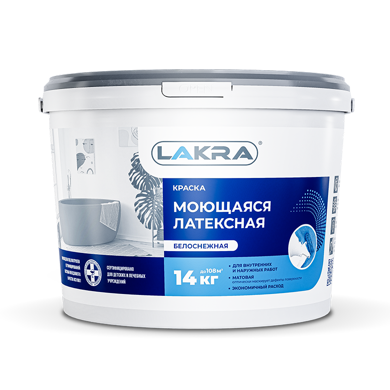 картинка Краска латексная моющаяся белоснежная 14кг ЛАКРА