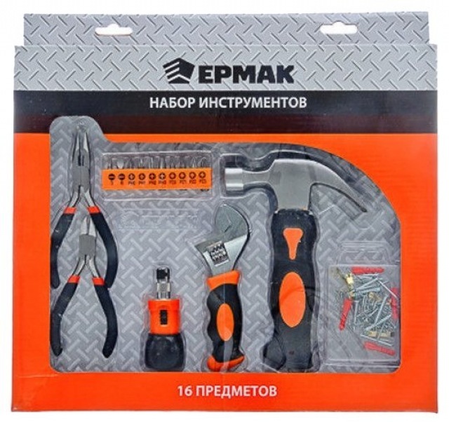картинка Набор инстр. ЕРМАК 16 пр.(губц. инстр.-2шт,трещотка,биты,раз