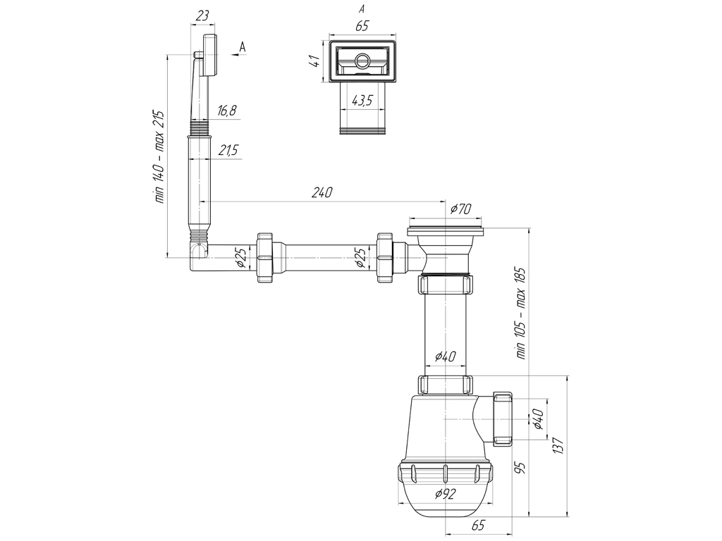 картинка Сифон АНИ Грот 1 1/2"*40 с переливом мойки А0140 / А0140S