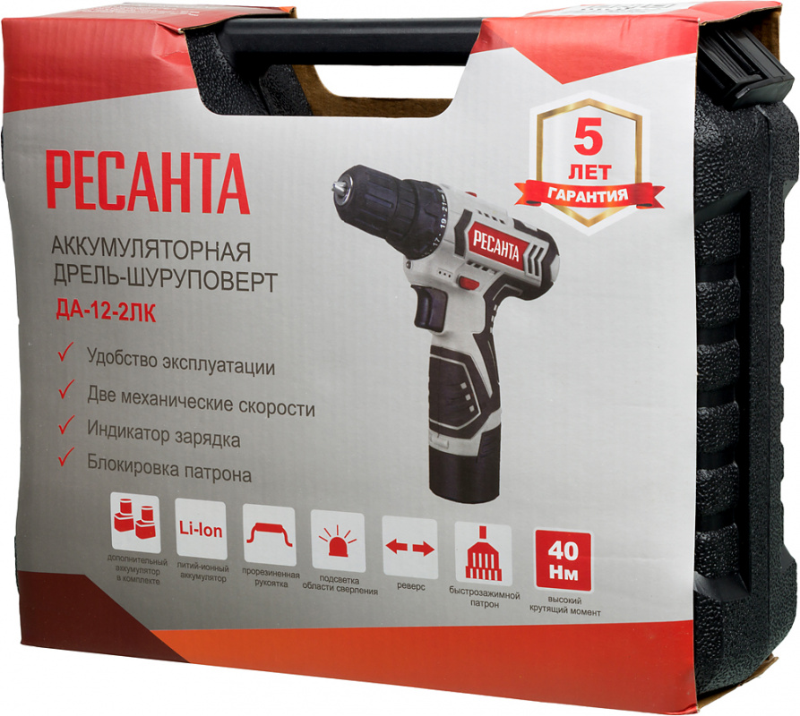 картинка Дрель-шуруповерт аккумуляторная ДА-12-2ЛК Ресанта 75/14/2